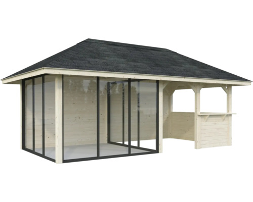 Pavillon de jardin en bois avec façade vitrée et toit