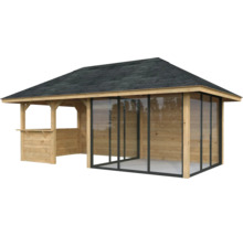 Pavillon en bois avec toit et portes coulissantes en verre