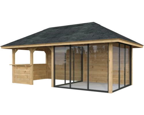 Pavillon en bois avec toit et portes coulissantes en verre