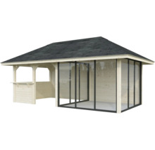 Pavillon de jardin en bois avec façade en verre et bardeaux de toiture