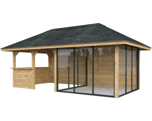 Pavillon de jardin en bois avec toit et éléments latéraux en verre