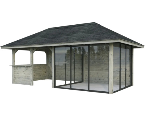 Pavillon de jardin avec structure en bois et parois en verre