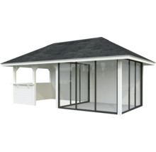 Pavillon avec toit, parois latérales et comptoir de bar