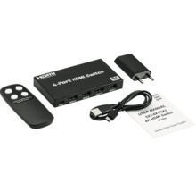Commutateur HDMI 4 ports avec télécommande, bloc d''alimentation, câble USB et mode d''emploi