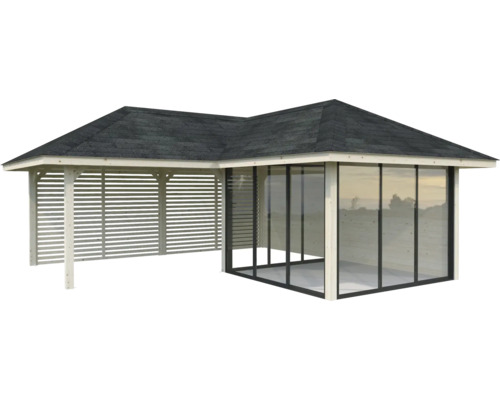 Pavillon en bois avec parois coulissantes en verre et paroi à lamelles