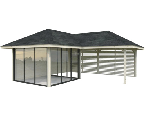 Pavillon de jardin avec parois en verre et parois à lamelles