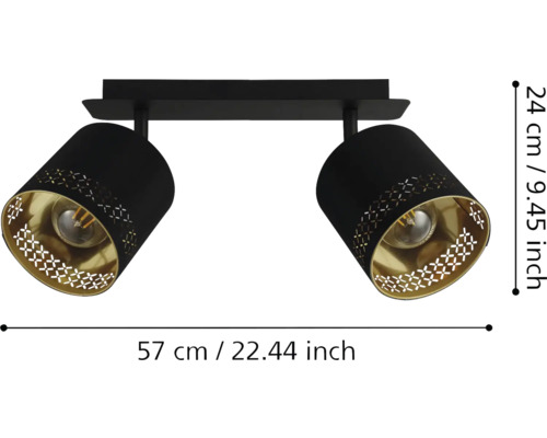 Deckenleuchte mit zwei Strahlern und Massangaben.