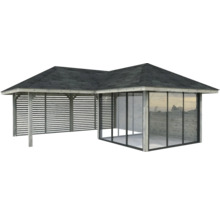 Pavillon avec cadre en bois, parois en verre et toit