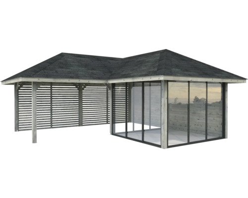 Pavillon avec cadre en bois, parois en verre et toit