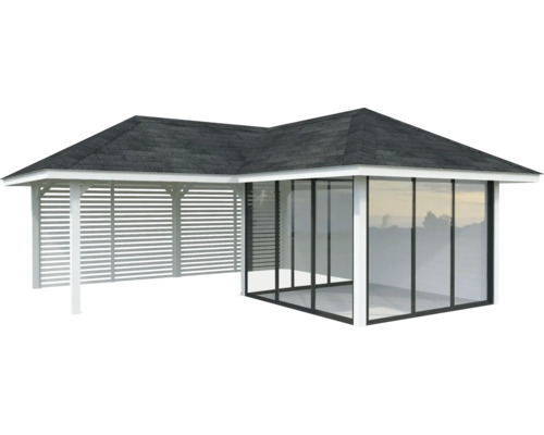 Pavillon avec verre et murs à lamelles