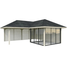 Abri de jardin avec paroi à lamelles et façade en verre