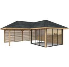 Pavillon en bois avec paroi à lamelles et éléments en verre