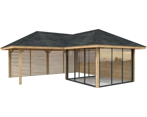 Pavillon en bois avec paroi à lamelles et éléments en verre