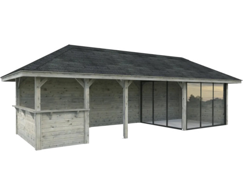 Pavillon de jardin en bois avec toit et portes coulissantes en verre