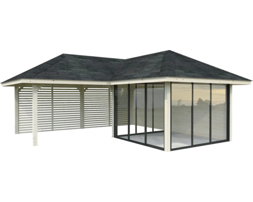 Pavillon de jardin en bois avec toit et parois coulissantes en verre