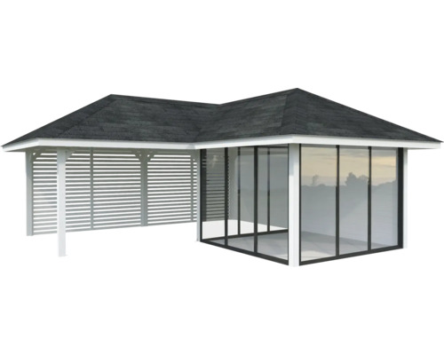 Pavillon de jardin avec façade en verre et paroi à lamelles