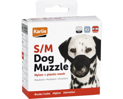 Karlie Hunde Maulkorb aus Nylon und Kunststoff-Mesh, Größe S/M, abgebildet auf der Verpackung mit einem Dalmatiner