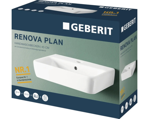 Verpackung eines Geberit Renova Plan Handwaschbeckens mit 45 Zentimeter Breite