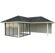 Pavillon en bois avec façade en verre et toit à deux pentes