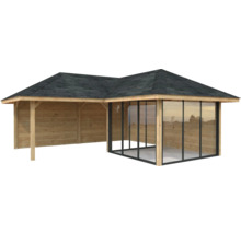 Pavillon de jardin en bois avec parois en verre et bardeau bitumé