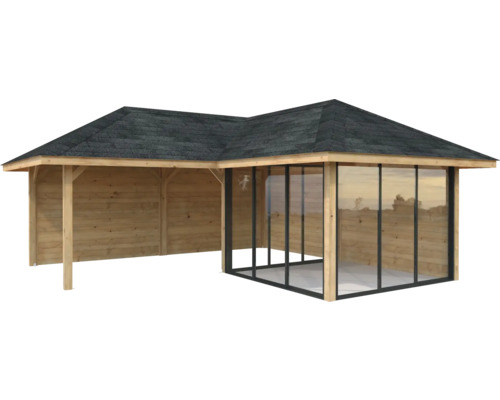 Pavillon Tonnelle Palmako 588 x 588 mm bois brun Pavillon de jardin en bois avec parois en verre et bardeau bitumé