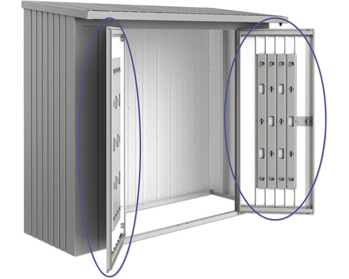 Abri de jardin métallique avec double porte ouverte