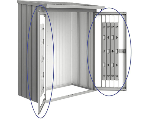 Abri de jardin métallique avec portes ouvertes