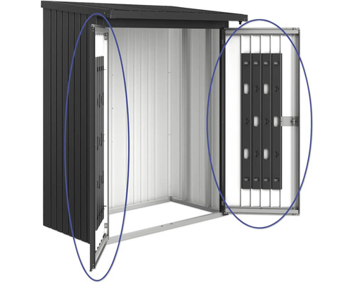 Geöffneter Geräteschuppen mit Falttür aus Metall