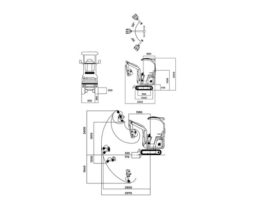 Technische Zeichnung eines Minibaggers mit Maßangaben