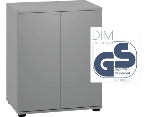 Grauer Unterschrank mit zwei Türen und GS Zeichen für geprüfte Sicherheit