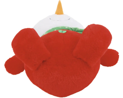 Bonhomme de neige en peluche rouge avec un nez jaune