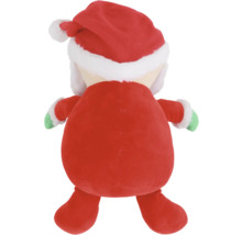Vue arrière d''une figurine en peluche avec un bonnet de Noël rouge et un costume assorti