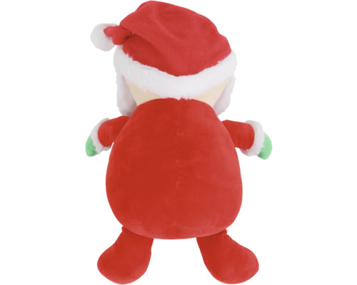 Vue arrière d''une figurine en peluche avec un bonnet de Noël rouge et un costume assorti