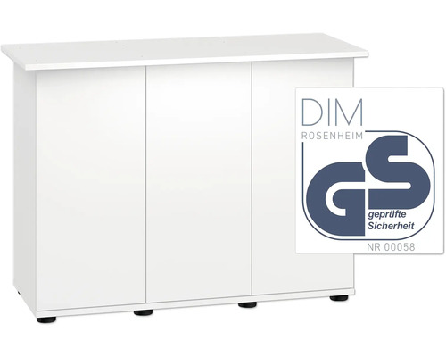 Weißer Unterschrank mit drei Türen und DIM Rosenheim GS Siegel für geprüfte Sicherheit
