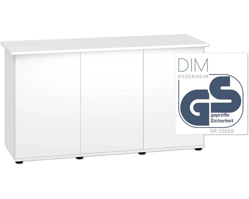 Weißer Unterschrank mit drei Türen und GS Zeichen für geprüfte Sicherheit