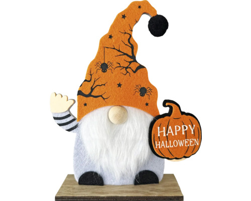 Dekofigur Wichtel Halloween aus Filz Ständer aus Holz 16.5 x 4.5 x 20.5 cm Halloween Dekoration Zwerg mit Kürbis und Spinnennetz Hut