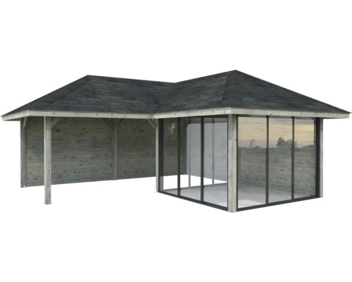 Pavillon Tonnelle Palmako 588 x 588 mm bois gris Pavillon en bois avec façade en verre et toit