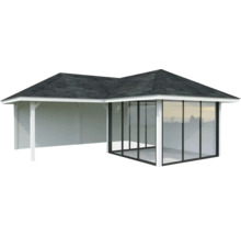 Abri de jardin avec façade en verre et terrasse couverte