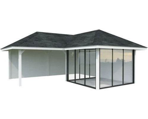 Abri de jardin avec façade en verre et terrasse couverte