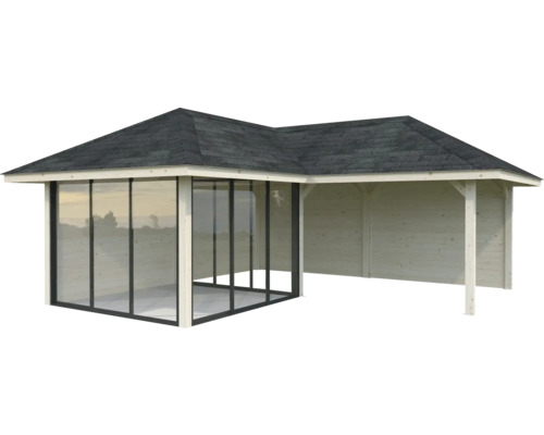 Abri de jardin en bois avec façade en verre et toit