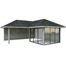 Pavillon de jardin en bois avec façade en verre et toit