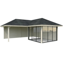 Pavillon en bois avec paroi en verre et toit