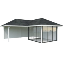 Pavillon de jardin avec façade en verre et murs en bois