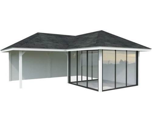 Pavillon de jardin avec façade en verre et murs en bois