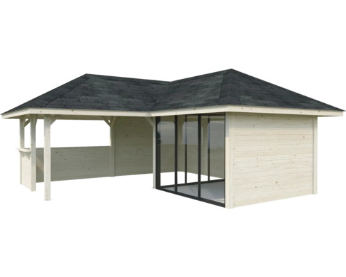 Pavillon de jardin en bois avec toit et façade en verre