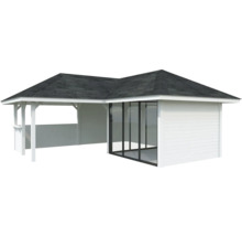 Abri de jardin avec véranda et portes coulissantes en verre