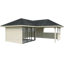 Abri de jardin en bois avec toit plat et portes coulissantes en verre