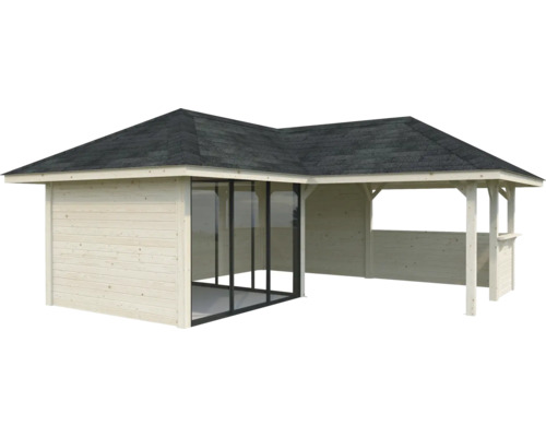 Abri de jardin en bois avec toit plat et portes coulissantes en verre