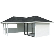 Abri de jardin avec façade en verre et terrasse couverte