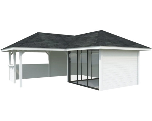 Abri de jardin avec façade en verre et terrasse couverte